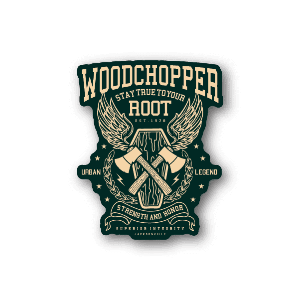 Vinyl sticker with Woodchopper logo, green and cream wings, swords and text