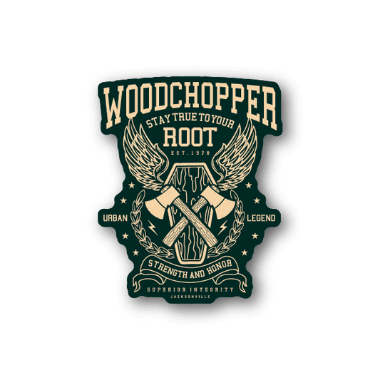 Vinyl sticker with Woodchopper logo, green and cream wings, swords and text