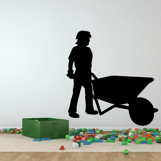 Worker with wheelbarrow decal with black silhouette of a worker pushing a wheelbarrow