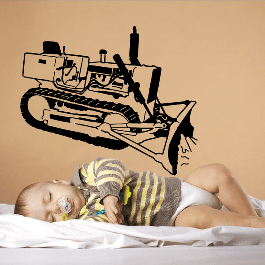 Working bulldozer wall decal, black line-art bulldozer with blade and tracks