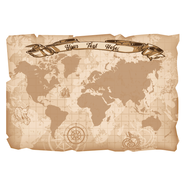 World treasure map sticker with compass, banner reading “Your Text Here”