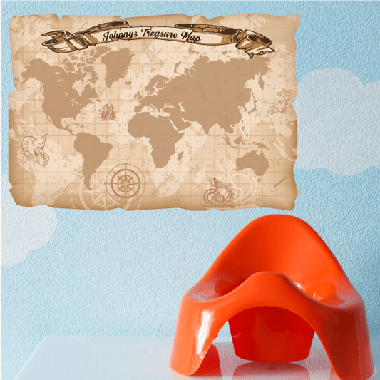 World treasure map sticker with compass and banner reading “Johnny’s Treasure Map”