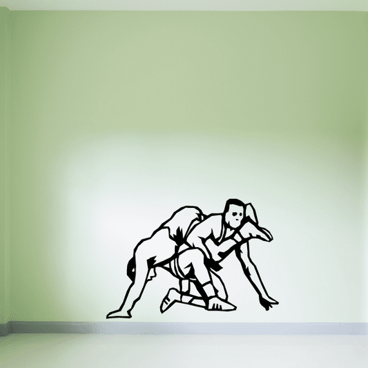Wrestler wall decal with two grappling wrestlers in black outline