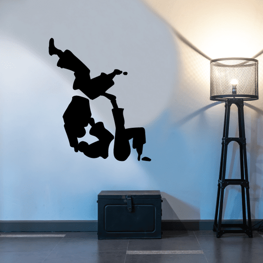 Wrestling flip decal with black wrestlers silhouette in dynamic flip pose