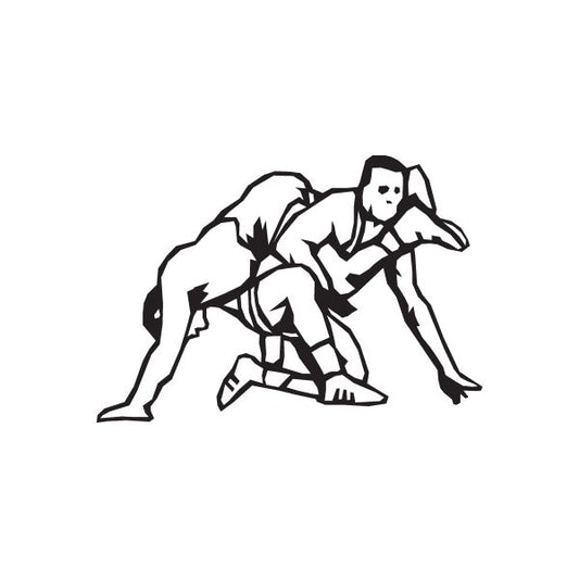 Wrestling leg grab decal with two grappling wrestlers in black outline