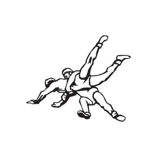 Wrestling take down decal featuring two grappling wrestlers, black silhouette
