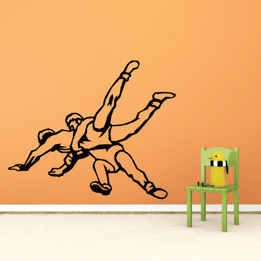 Wrestling wall decal with two black grappling wrestlers in action