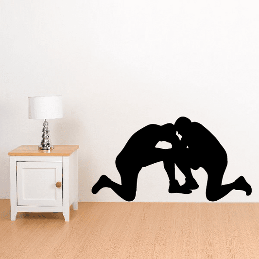 Black wrestling wall decal with grappling wrestler silhouette