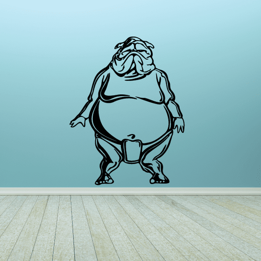 Wrestling bulldog wall decal, black cartoon dog holding belt vinyl sticker