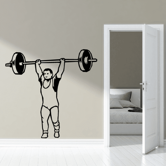 Weightlifting training decal with cartoon wrestler lifting barbell in black line art