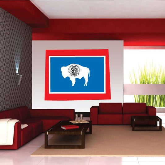 Wyoming state flag sticker with buffalo silhouette, blue field and red border