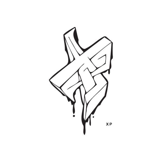 Graffiti decal with black and white angular tag, drips, and 'X P' mark
