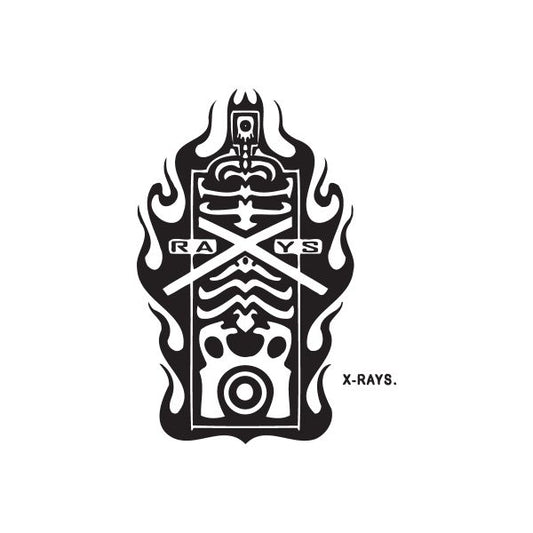 X-RAYS spray paint can decal, black flame crest with crossed arrows and X-RAYS text