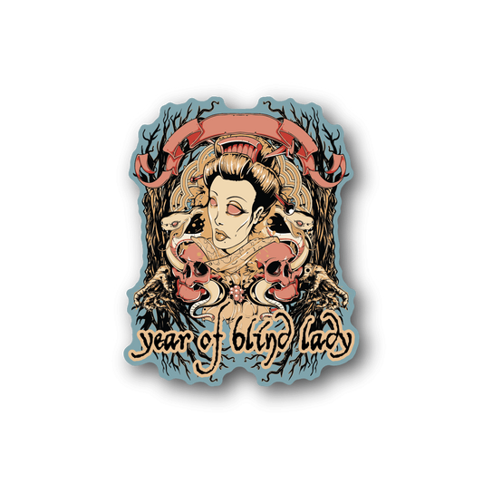 Vinyl sticker with blonde woman and horns, 'Year of Bling Day' lettering