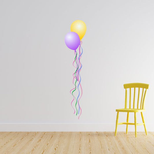 Yellow and purple balloon sticker with three balloons and curling ribbon lines