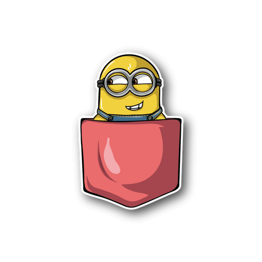 Vinyl sticker of yellow character with goggles peeking from red pocket