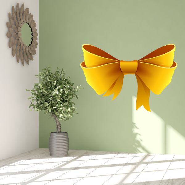 Yellow ribbon bow wall decal with layered loops, glossy yellow vinyl