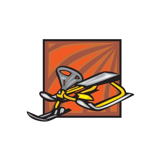 Snow sled sticker with yellow sled and gray skis