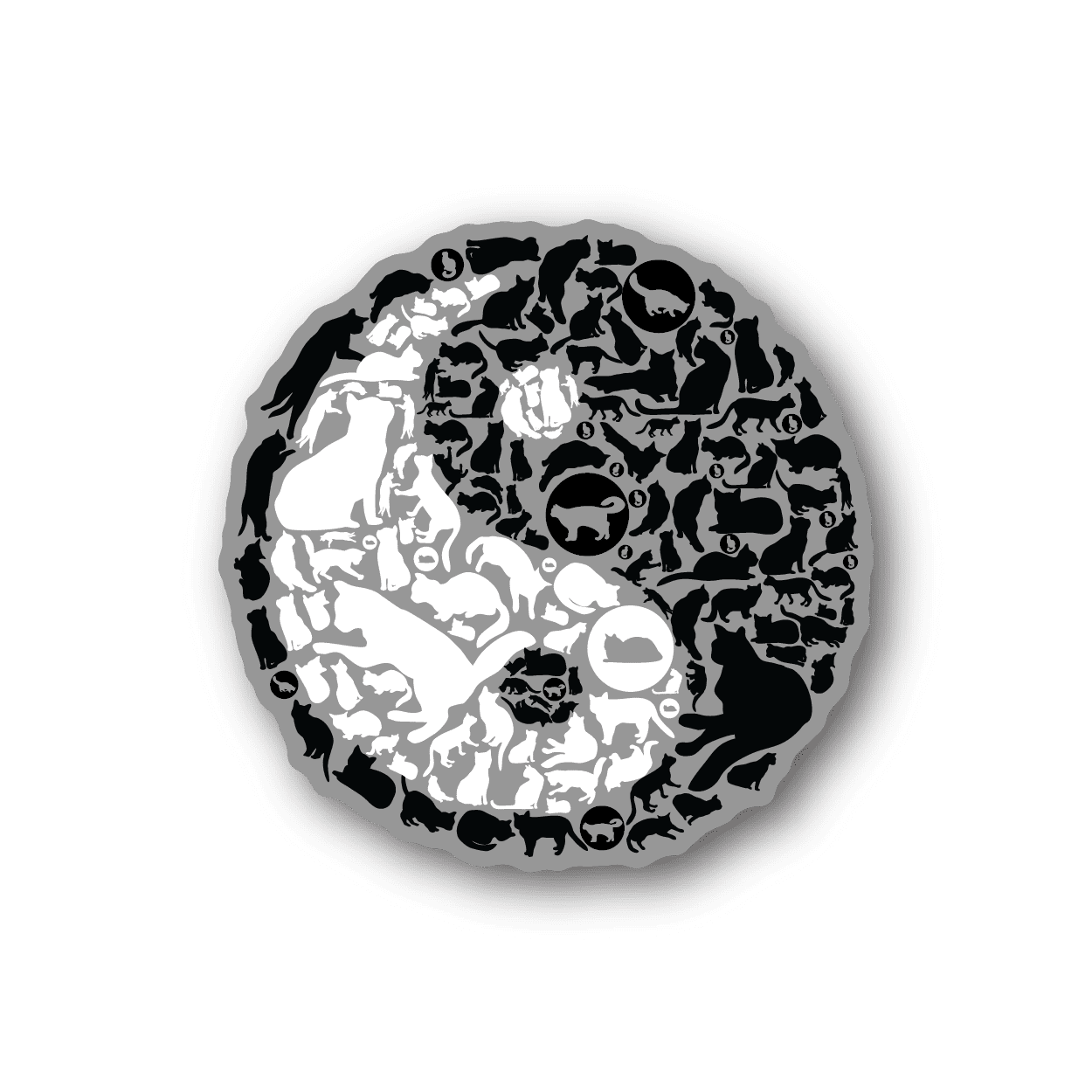 Round yin yang cats collage vinyl sticker in black and white