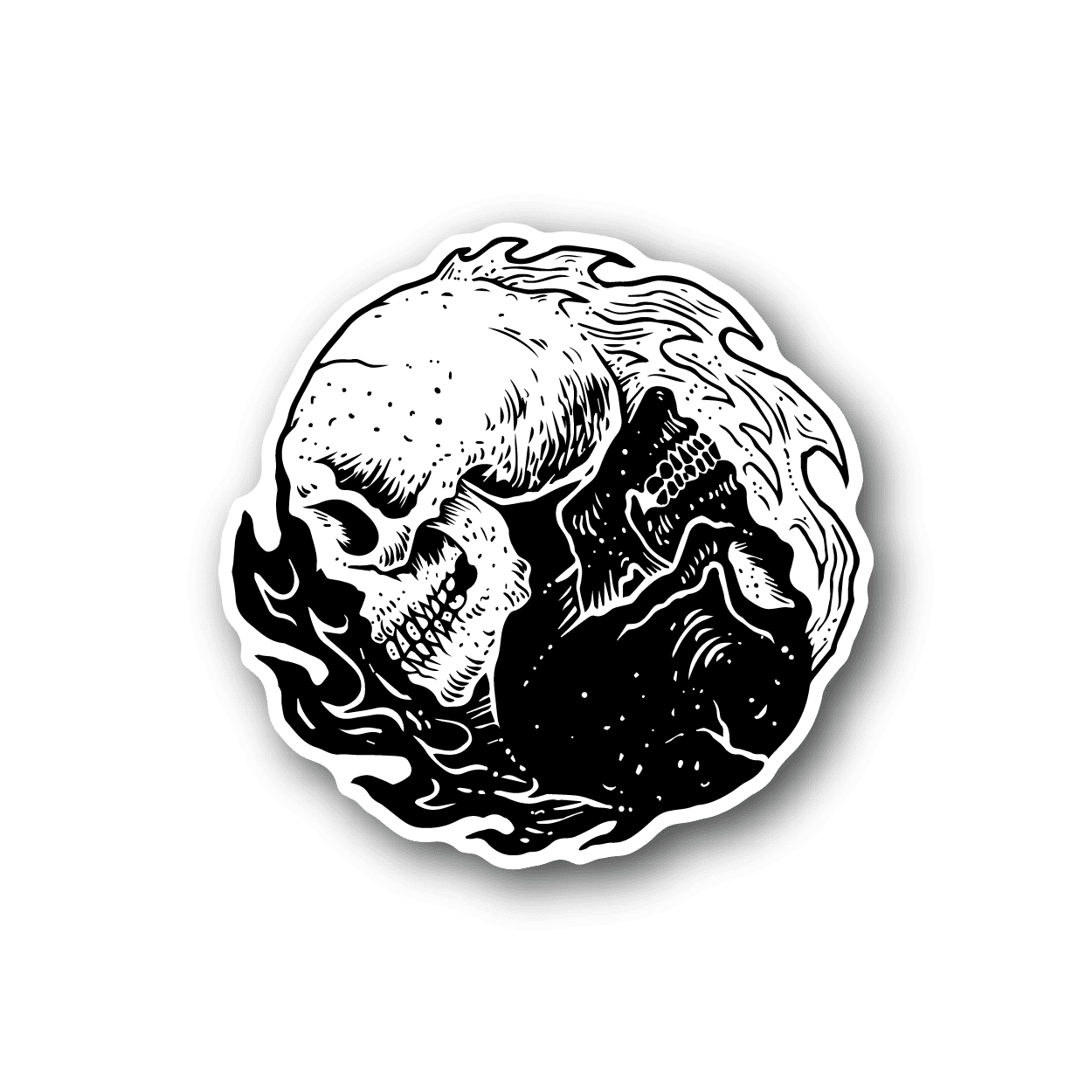Yin-yang skull vinyl sticker with high-contrast white and black outline
