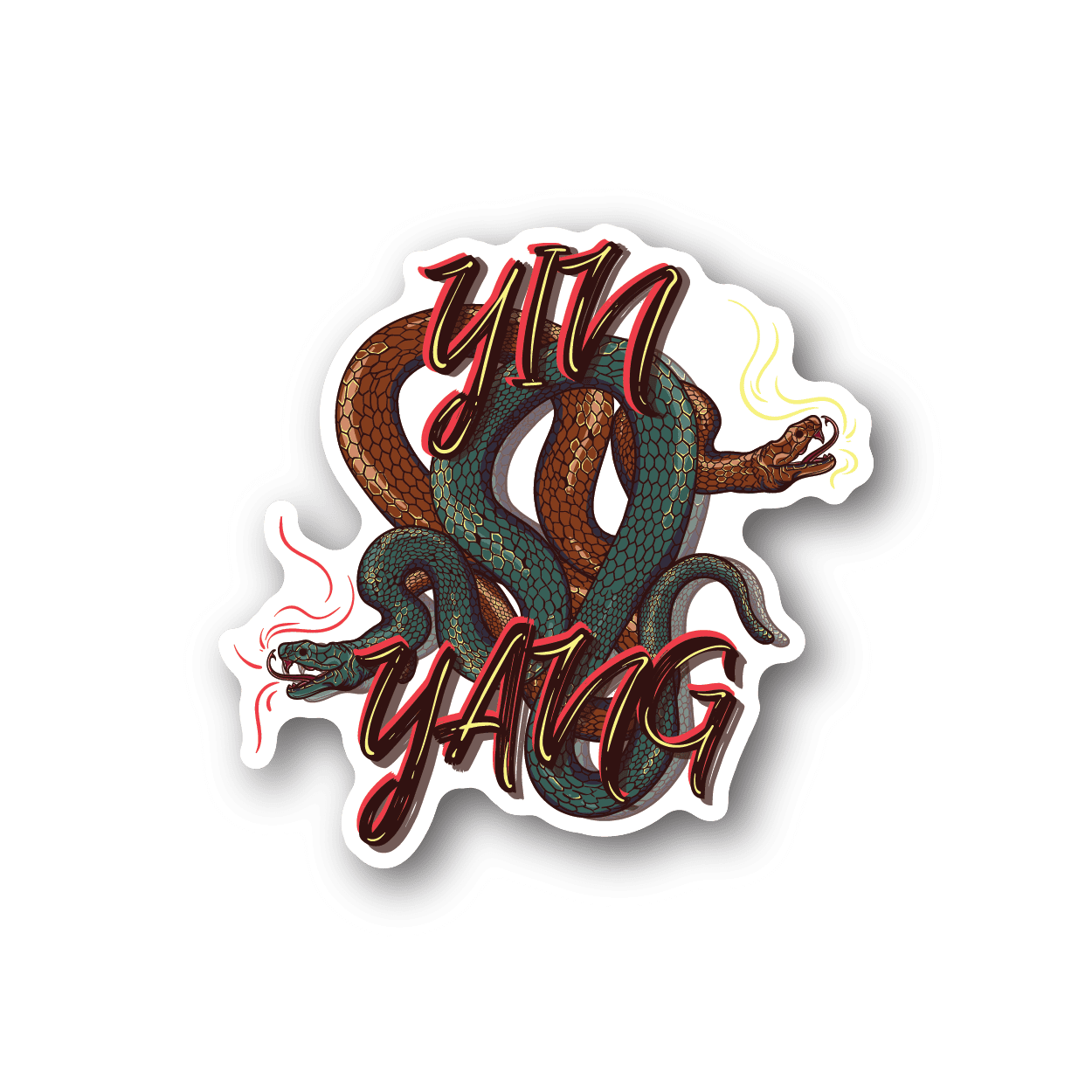 Yin yang snakes vinyl sticker with two coiled snakes and yin-yang swirl, glossy finish