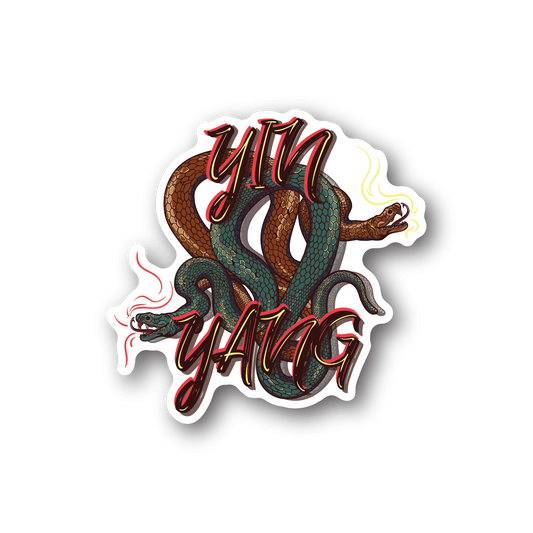 Yin yang snakes vinyl sticker with two coiled snakes and yin-yang swirl, glossy finish