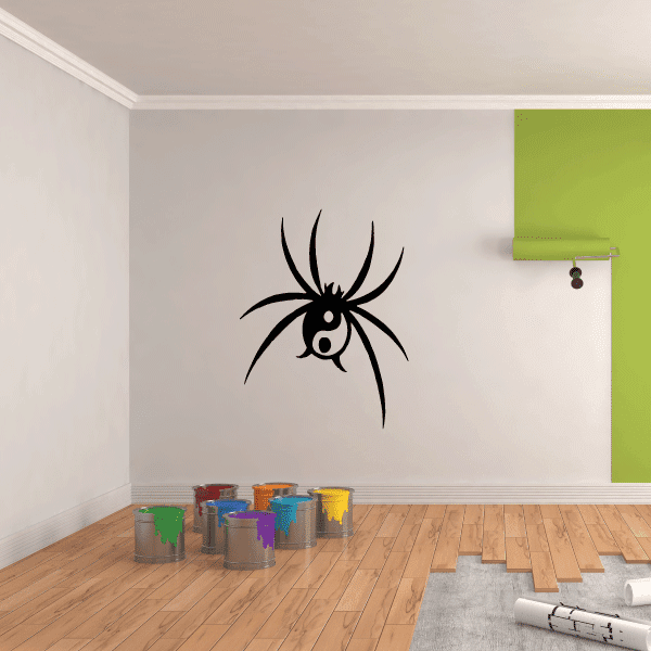 Yin-yang spider wall decal in black with long legs and circular body
