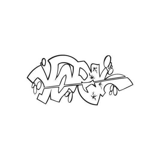 Graffiti decal sticker with black line art, stars, and abstract street shapes