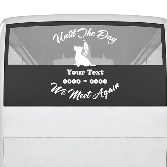 Memorial decal with white script text, dove icon, and customizable banner on black background