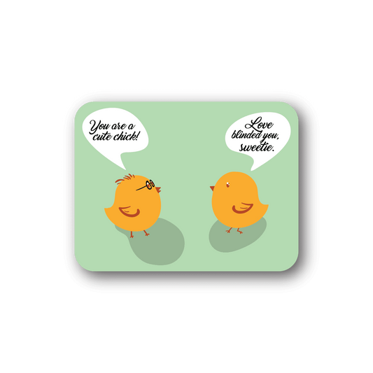 Cute chick vinyl sticker with two orange chicks and white speech bubbles text