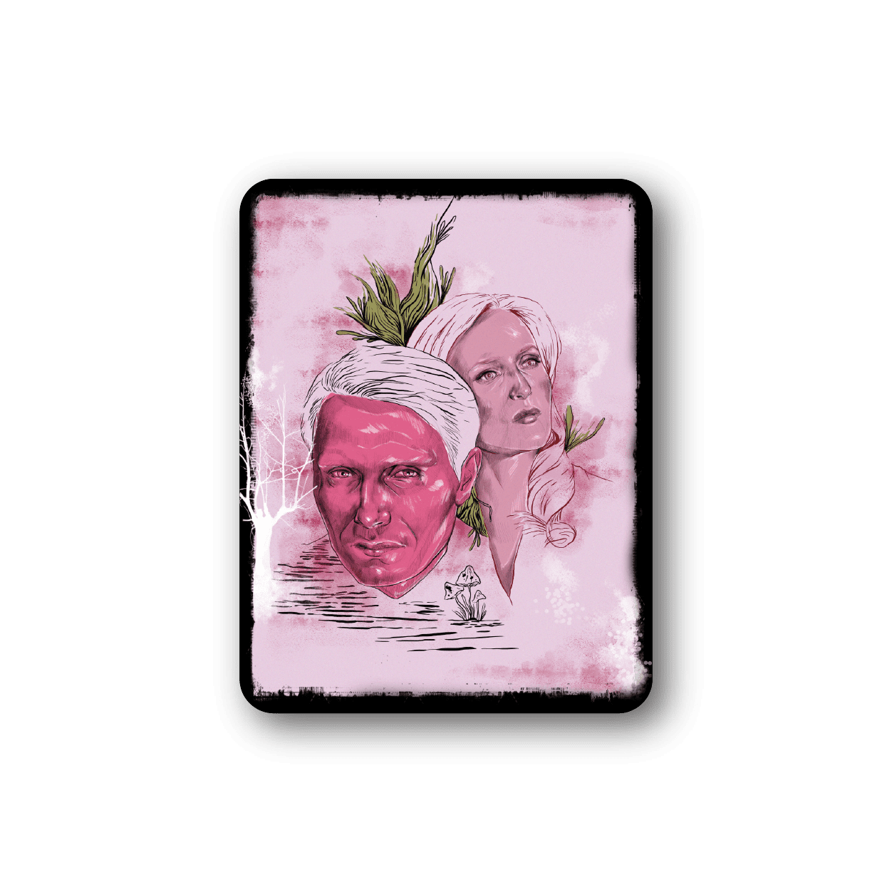 Square vinyl sticker with two illustrated faces and pink floral accents