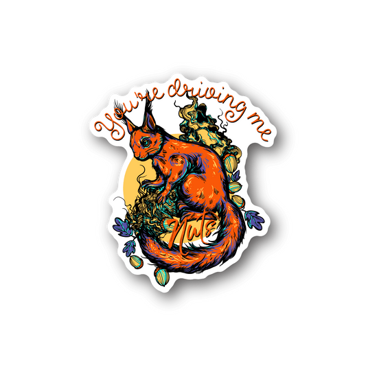 Cartoon cat vinyl sticker with orange fur and green accents, 'driving me nuts' text