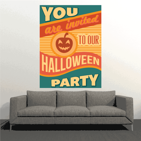 Halloween typographic sticker with teal and orange text, jack-o-lantern pumpkin icon, party invite