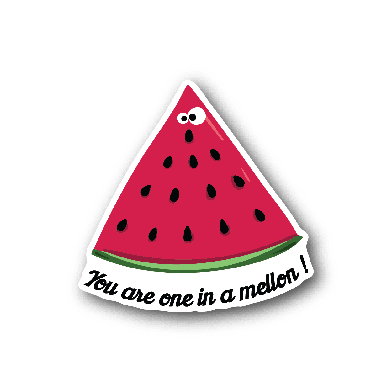 Watermelon slice vinyl sticker with red fruit, green rind, black seeds, and white text