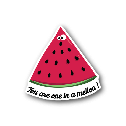 Watermelon slice vinyl sticker with red fruit, green rind, black seeds, and white text