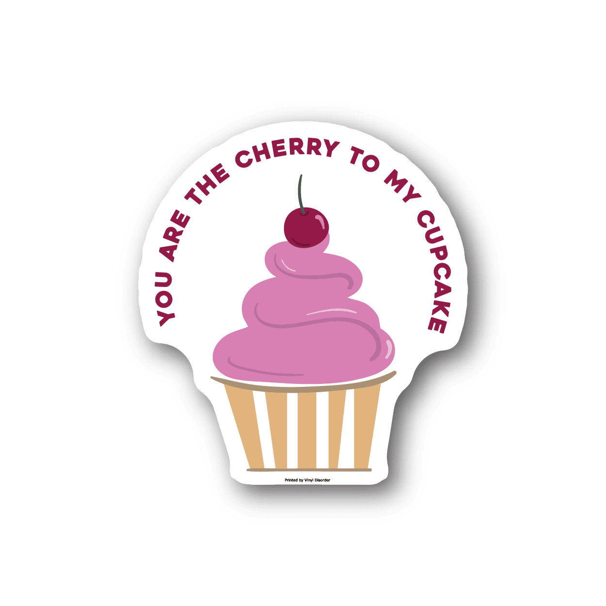 Vinyl sticker with pink cupcake and cherry topper, striped wrapper, circular text border.