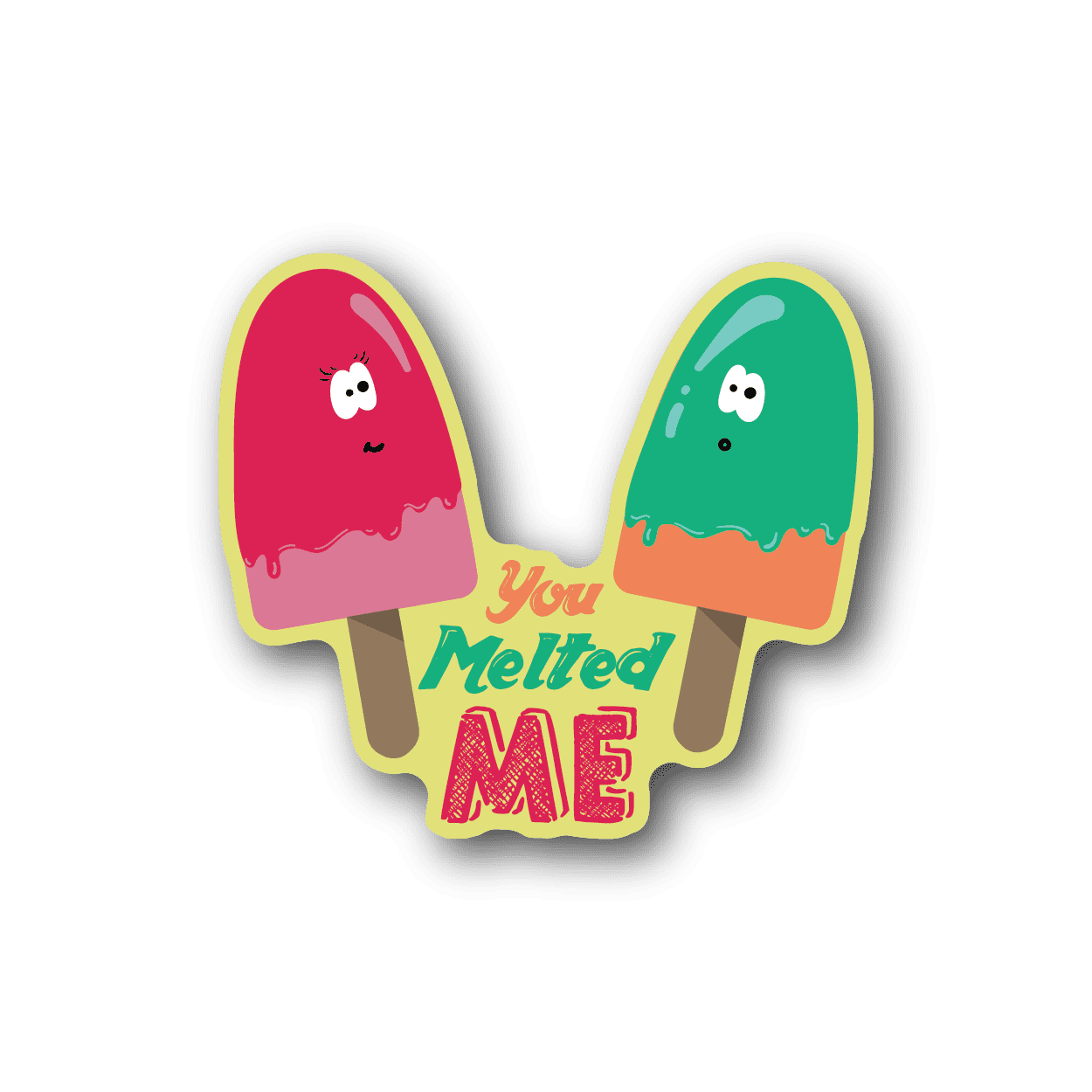 Ice cream vinyl sticker with two pops, pink and green, and 'You Melted ME' text