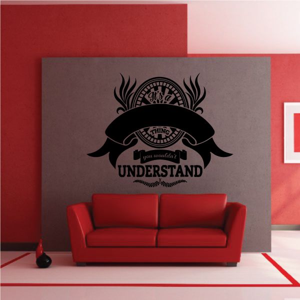 Wall decal with black eye emblem and UNDERSTAND text, ribbon banner and flames.