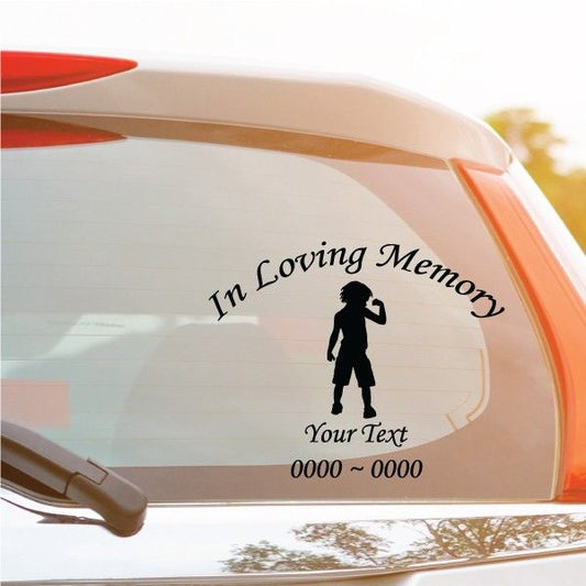 Car window decal: boy silhouette with “In Loving Memory” text