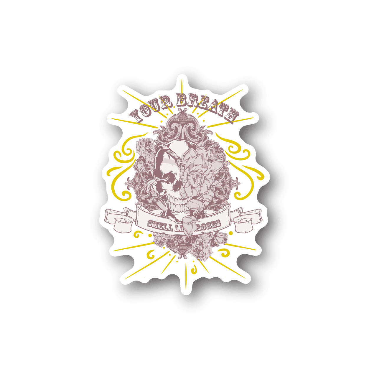 Vinyl sticker with white burst border, illustrated skull with roses and yellow swirls