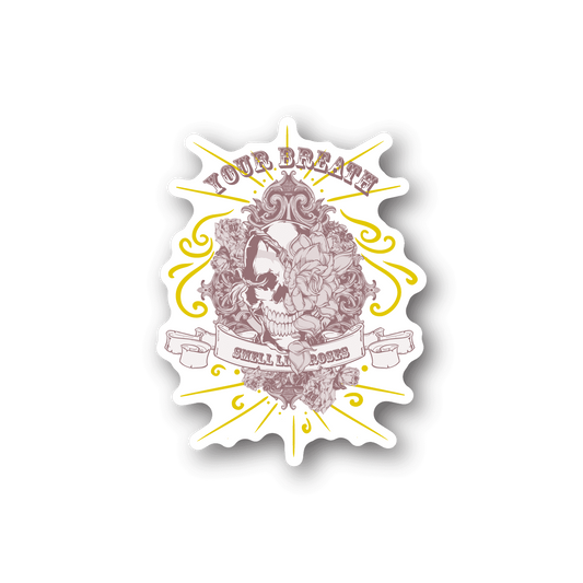 Vinyl sticker with white burst border, illustrated skull with roses and yellow swirls