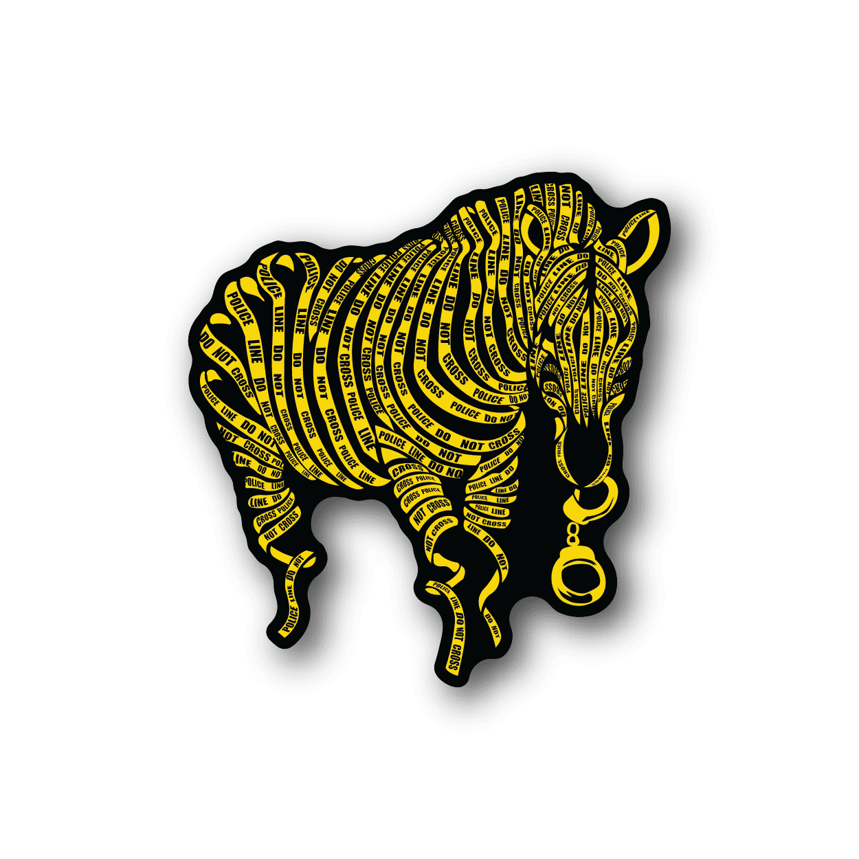 Zebra handcuff vinyl sticker, yellow zebra silhouette with hanging cuffs