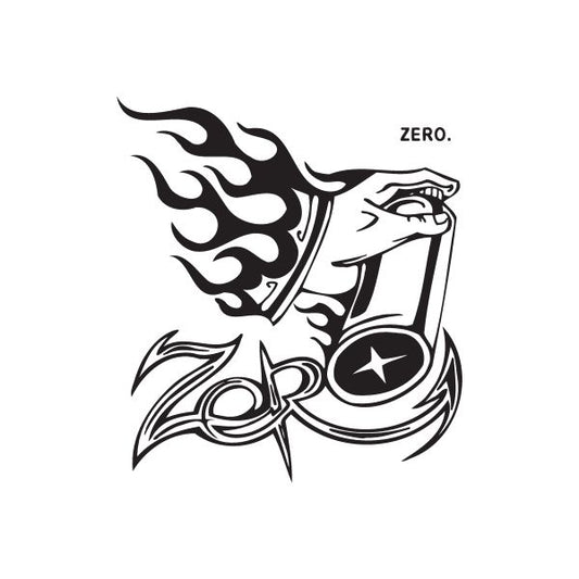 Graffiti-style decal with black illustrated lion head and ZERO. text