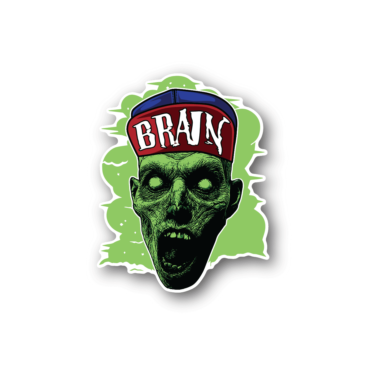 Zombie brain vinyl sticker with green zombie face and BRAiN graphic