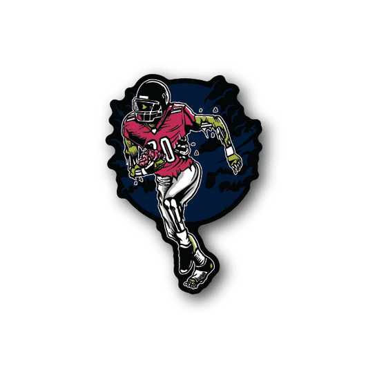 Zombie football player vinyl sticker, pink jersey, blue background, green head, white pants