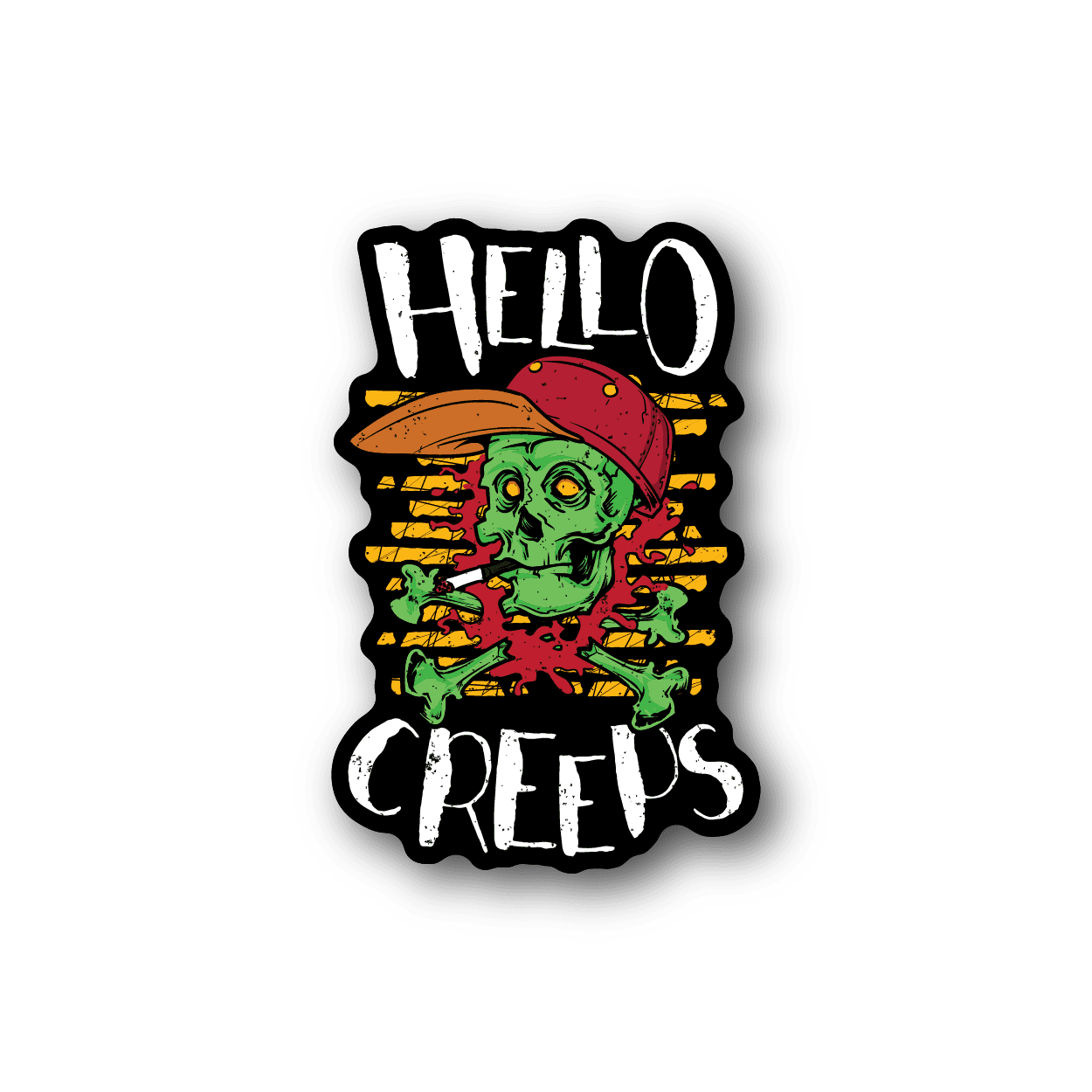 Vinyl sticker with zombie face and 'Hello Creeps' lettering