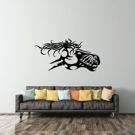 Black zombie horse head wall decal with swirling mane and snarling mouth.