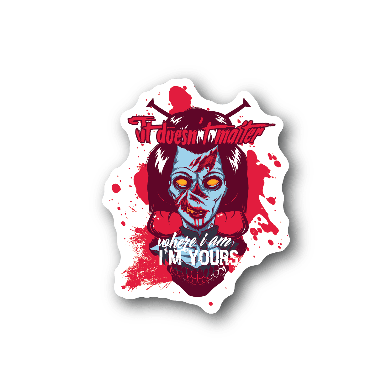 Cartoon zombie vinyl sticker with red and blue character and bold text