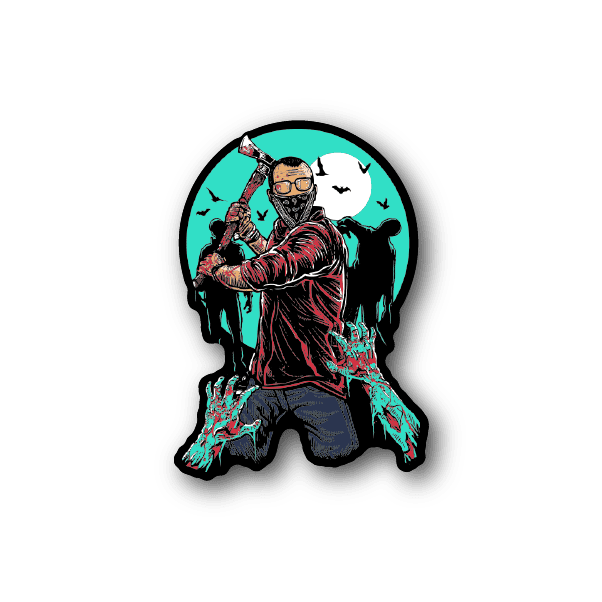 Vinyl sticker featuring a masked zombie-slaying warrior holding a rifle, teal background