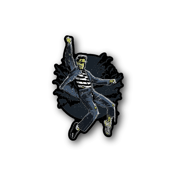 Vinyl character sticker of a zombie king in blue-gray striped outfit, arms out